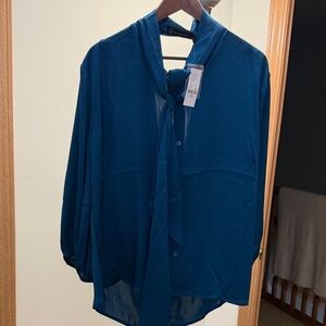 New York & Company Blue Tie-Neck Blouse